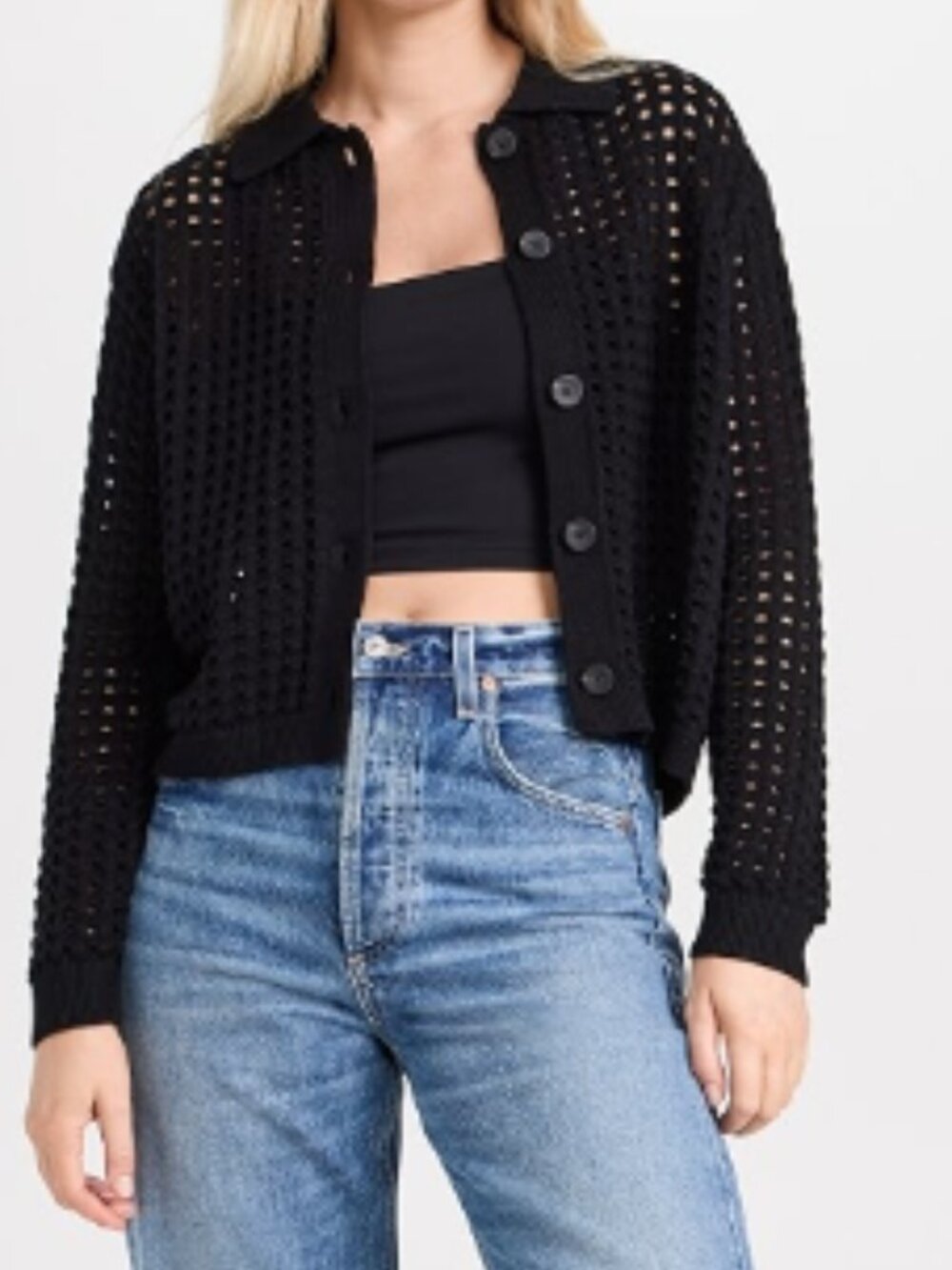 Velvet Graham & Spencer Cotton Cashmere Black Open Knit Cropped Cardigan - Picture 11 of 12